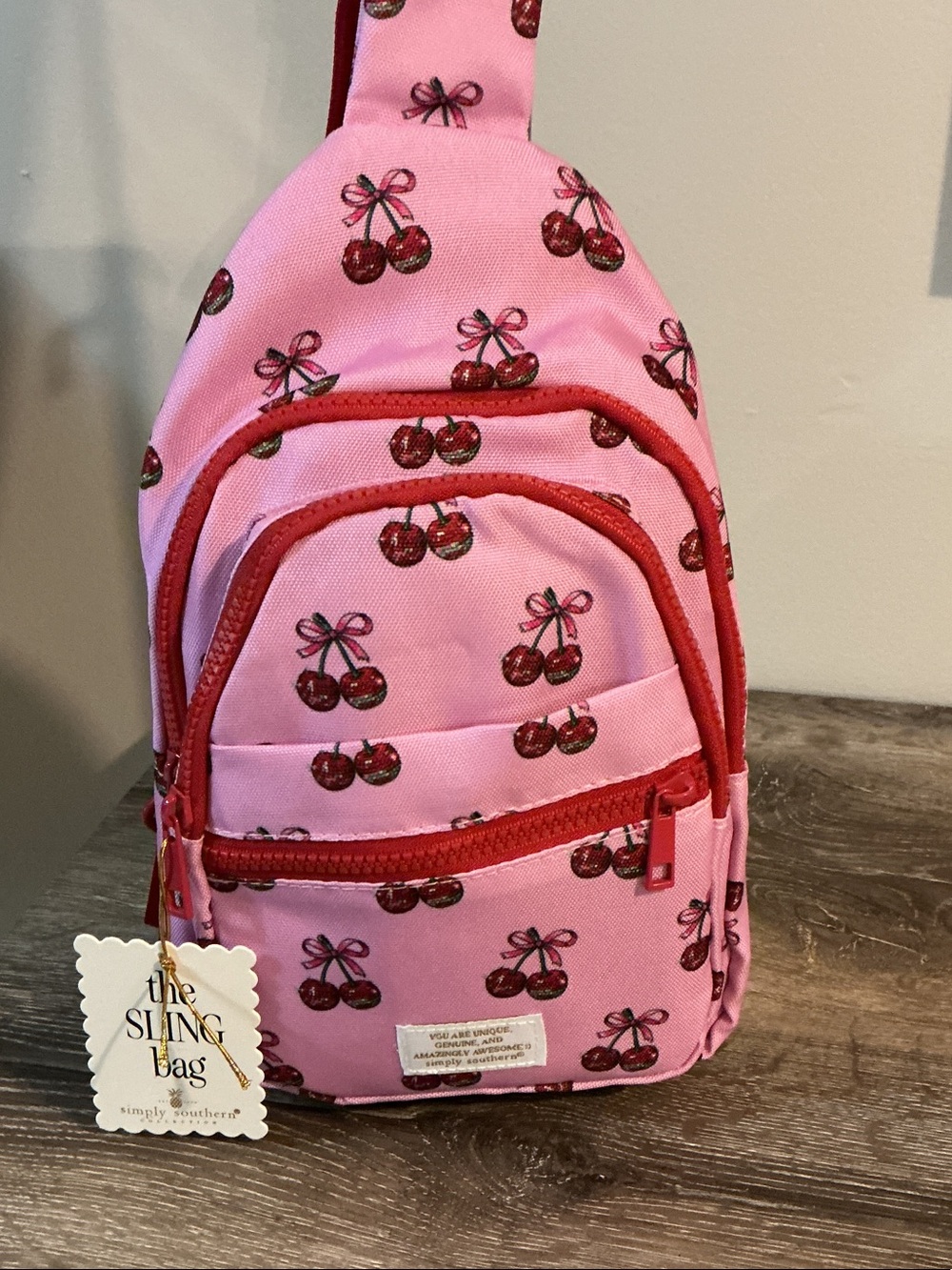 Simply Southern NWT Pink Cherry Sling Crossbody Bag with Red Trim